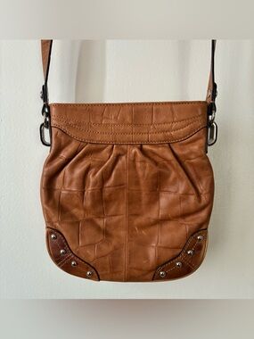 B Makowsky Leather Crossbody Purse, Cognac, Adj. Long Strap